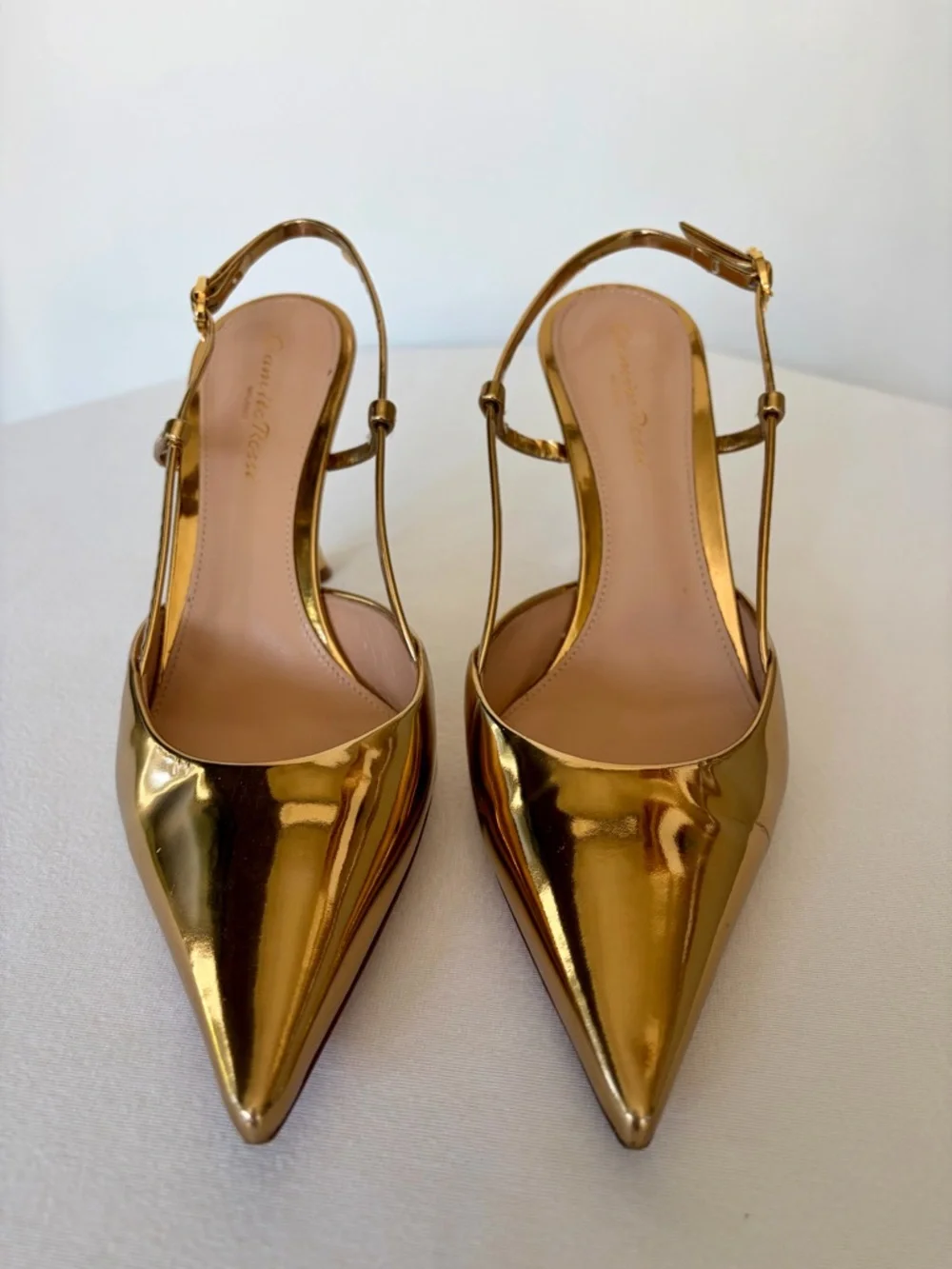 Gianvito Rossi Ascent Metallic Gold Pointed Slingback Heels, 38 (7.5), EUC